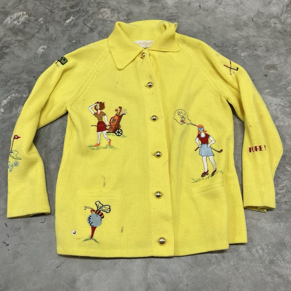 Vintage Andreno Argenti Cardigan Womens Large Yellow Golf Sweater Preppy Grandma